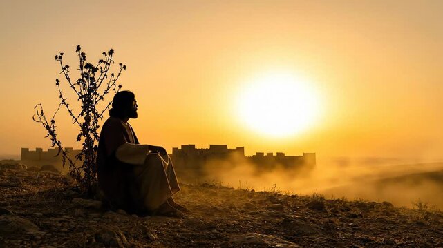 A biblical representation of divine patience and judgment showing the prophet Jonah sitting in silhouette under a withering plant outside the walls of Nineveh during a scorching golden sunset


