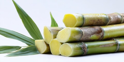 Fototapeta premium The sugarcane stalks arranged on white background with leaves and cut ends