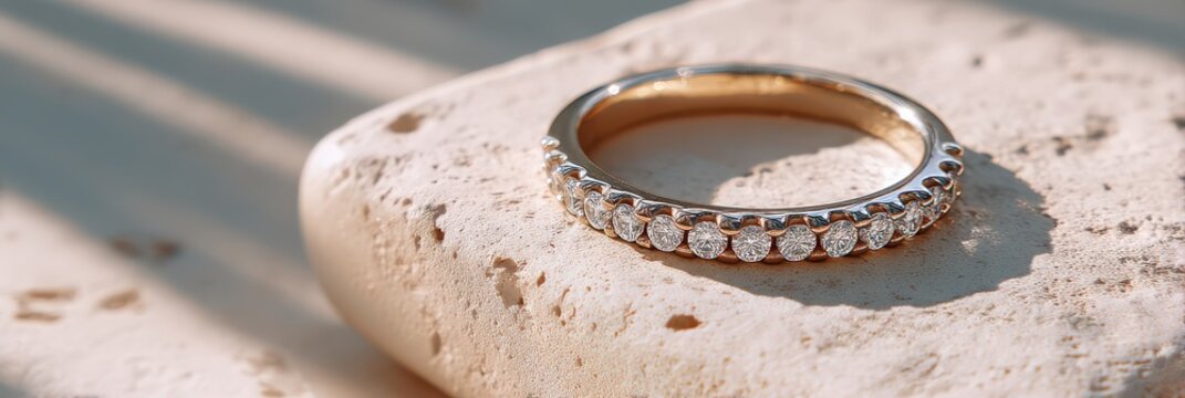 Close-up of a diamond eternity ring resting on textured stone, bathed in warm sunlight with soft shadows.
