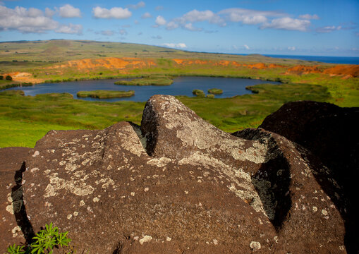 Lying moai over rano raraku lake, Easter Island, Hanga Roa, Chile