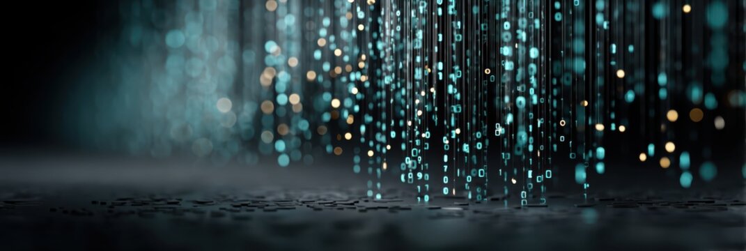 Teal glowing data streams cascade over a dark surface with bokeh lights, creating an abstract, futuristic digital visualization.