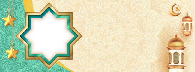 Islamic decoration background with mosque and crescent 3d style with mandala patterns. Cultural season blessings banner design with space for text.