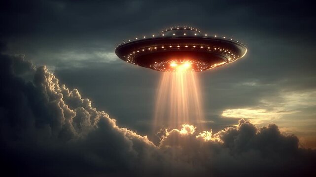 A classic metallic disc-shaped unidentified flying object emits a bright beam of light over a dramatic cloudscape.