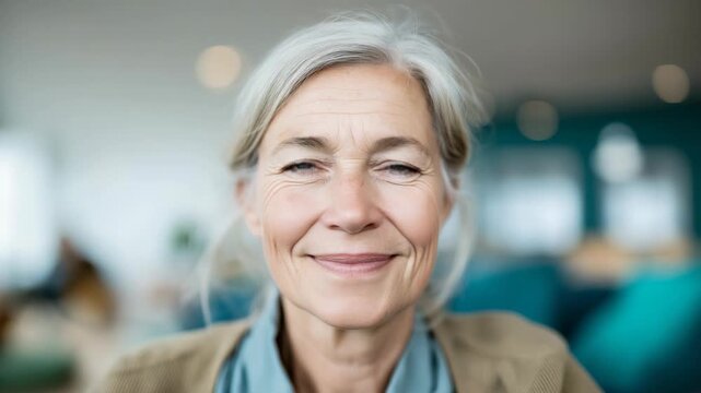 ordinary Caucasian woman smile to camera at home, calm peaceful in cozy room 