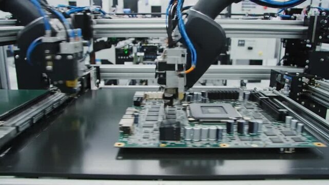 Robots assemble circuit boards in a factory during the day in a tech manufacturing plant