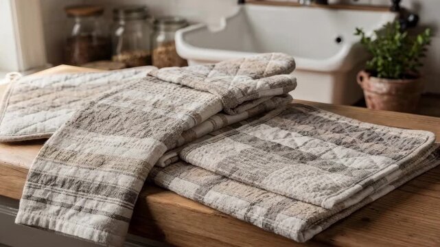Medium shot of rustic cotton kitchen textile sets featuring textured towels quilted mitts and sturdy pot holders arranged on a wooden countertop for a cozy farmhouse vibe.