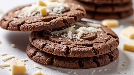 Fototapeta premium Chocolate Cheese Cookies Stacked with Grated Cheese Topping, Close Up