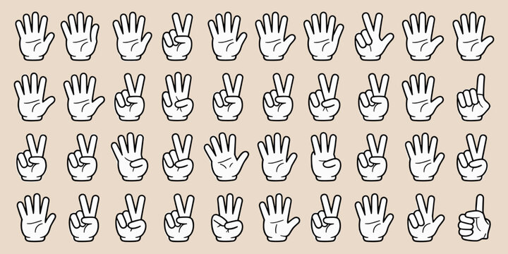Cartoon Hand Symbols Pattern Background with Fingers Counting from Zero to Five or Showing Five, Four, Three, Two, One, and Zero,  Representing Gestures and Communication in a Fun, Animated and Playfu