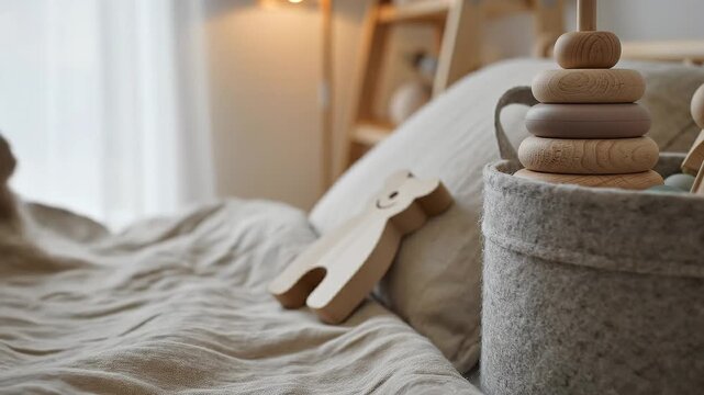 A serene Minimalist Kids Room with a wooden toy on the bed and a stone stack in a basket