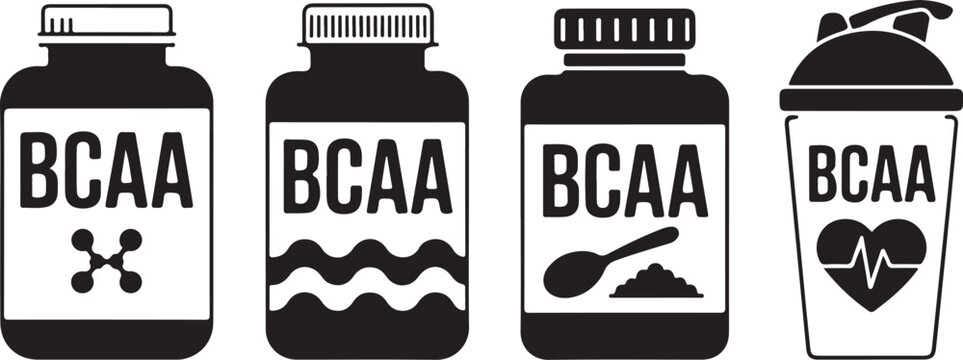 Fitness supplements vector icons set, bcaa powder, capsules, sports drinks