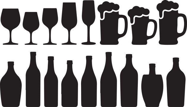 Food set of alcohol bottles and glasses