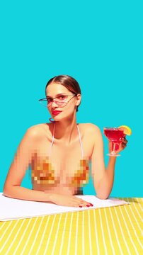 Stylish woman in glasses holding red cocktail against pool background. Concept of summer party promotion, bar advertising campaign, fashion lifestyle branding and cocktail menu design.