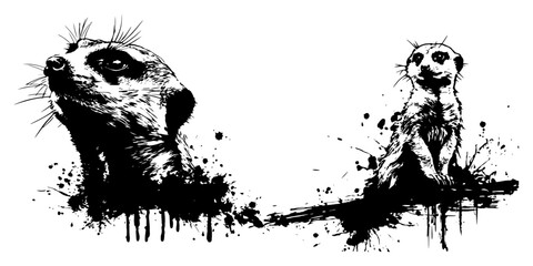 Two curious meerkats standing in artistic ink splatter and grunge vector style © UrbanDruid