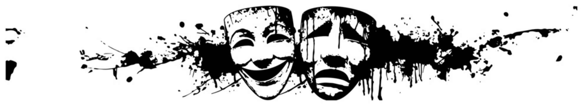 Classic theater drama masks for comedy and tragedy in dramatic ink splash design