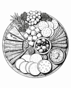 Elegant Charcuterie Board Arrangement for Entertaining: Delicious Selection of Cheeses, Meats, Fruits, and Olives for Gatherings, Celebrations, Gourmet Tasting, Black and White Illustration, Detailed