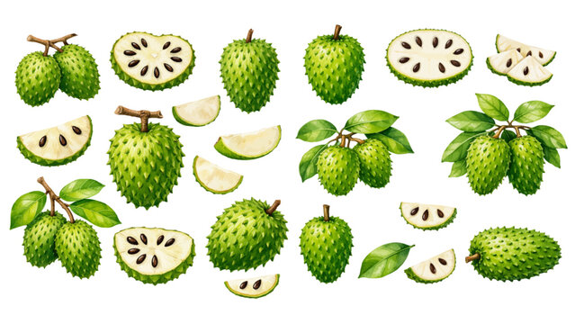 A charming watercolor collection of tropical soursop, including ripe prickly fruits, cross-sections with dark seeds, fresh cut slices, and vibrant green foliage.
