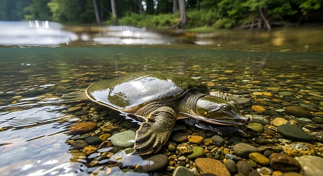 Large softshell turtle submerged in river