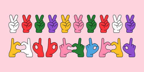 Vibrant Hand Gesture Concepts: Expressing Peace & Boldness in Cartoon Style – Colorful Hands Making Victory, Love Heart, and Okay Signs on Pink Background for Social Media, Graphic Design, and Creativ