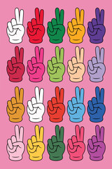 Fototapeta premium Vibrant Peace Signs Pattern on Pink Background: Promoting Harmony and Unity with Colorful Hand Gestures in a Playful Display; Ideal for Graphic Design, Social Awareness, and Retro-Themed Art Projects,
