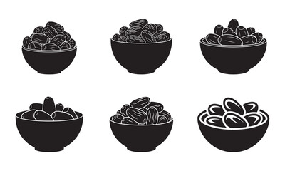 Six black silhouette icons of bowls filled with dates, representing healthy dried fruit snacks.
