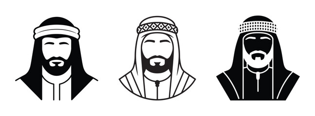 Three black and white illustrations of Arab men wearing traditional head coverings and attire, with detailed beards.