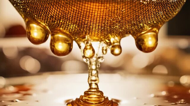 A close-up of a glass goblet with a textured surface, containing a golden liquid, sitting on a reflective surface with blurred lights in the background