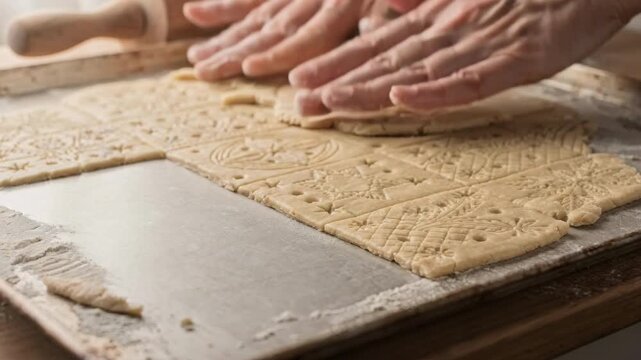 Medium shot capturing decorative scored designs on cracker dough with embossed shapes and strategically placed docked holes illustrating creative culinary detail.