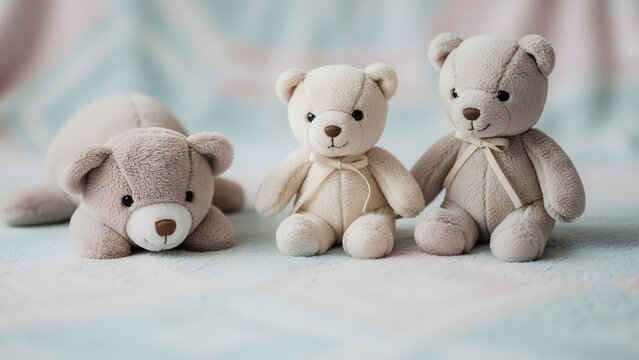 Three classic teddy bears sitting upright on a soft quilt blanket suitable for storytelling and nursery decoration themes
