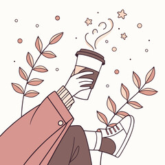 Cozy Autumn Coffee Break with Hot Beverage and Leaves