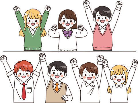 Anime style vector illustration of happy diverse school students cheering with raised fists celebrating success and academic achievement