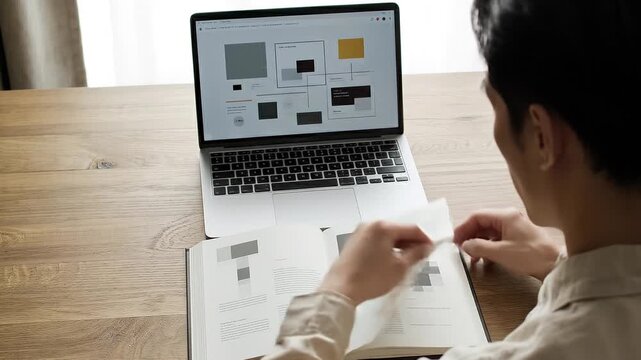 Over the shoulder view of a man working at a wooden desk with a laptop and an open book, comparing digital wireframes on the screen with printed layouts, turning pages in a bright home office environm