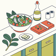 Healthy Fresh Salad Prep Isometric Illustration on Kitchen Countertop