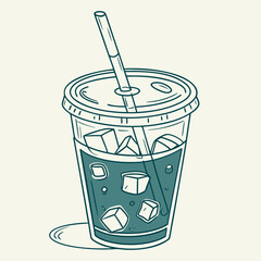 Refreshing Iced Drink in Plastic Cup with Straw Line Art Illustration