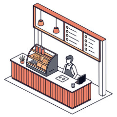 Isometric Cafe Counter with Barista and Menu Board Illustration