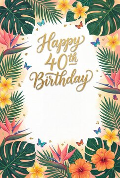 Happy 40th Birthday Tropical Invitation with Gold Calligraphy Lettering &mdash; Exotic Monstera and Hibiscus Floral Border with Copy Space