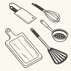 Essential Kitchen Utensils Cooking Tools Line Art Illustration