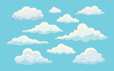 Cartoon Cumulus Clouds Floating Across a Light Blue Sky Illustrating Weather Concepts, Dreamlike Imagery, or Calm Peaceful Backgrounds for Children's Media, Educational Materials, Meteorological Illus