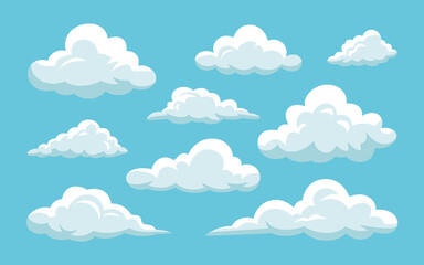 Fototapeta premium Cartoon Clouds Floating in a Light Blue Sky: Whimsical Weather Illustrations for Children's Books and Animated Movies, Dreamy Backgrounds and Designs, Fantasy Atmosphere, Vector Graphics, Soft, Fluffy