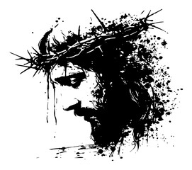 Side profile portrait of Jesus Christ wearing a crown of thorns in ink splash style © UrbanDruid