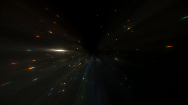Radiant beams of light stretch across a deep space tunnel, forming a futuristic cosmic pathway that conveys acceleration, spatial depth, and abstract interstellar motion
