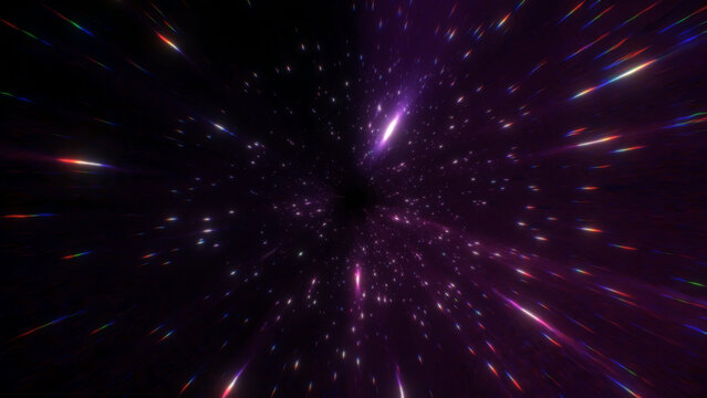 Vivid streams of cosmic energy radiate through a dark space corridor, forming an abstract warp effect that conveys speed, depth, and interstellar exploration
