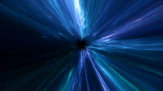 High contrast cosmic tunnel with sharp light streaks and deep shadows, forming a dramatic abstract vision of hyperspace travel and intense spatial motion
