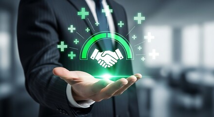 Business partnership and collaboration concept with hand holding glowing shaking hands