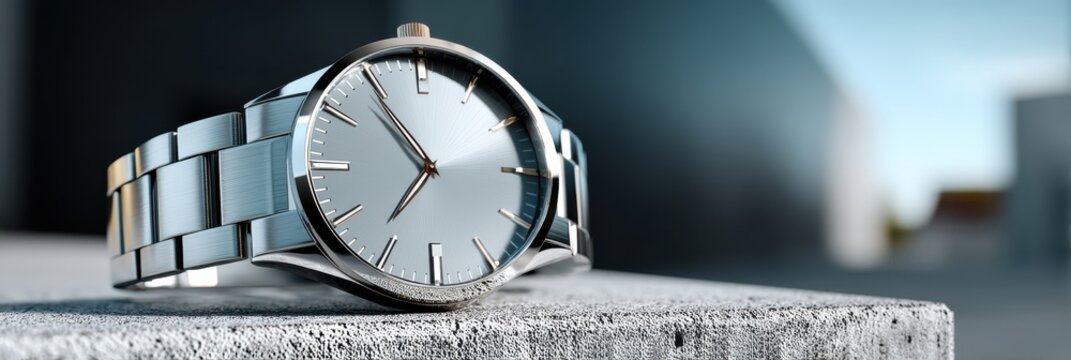 Close-up of a minimalist silver wristwatch with metal bracelet resting on concrete, sharp dial and hands with soft bokeh background.