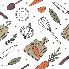 Cooking Ingredients & Utensils Seamless Pattern. Kitchen Food Prep Doodle