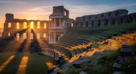 Obraz premium Majestic ancient Roman amphitheater ruins bathed in dramatic golden sun rays during a tranquil sunrise morning