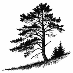 Dramatic Pine Tree Silhouette on Grassy Hill