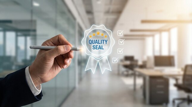Businessman's hand drawing quality seal on the concept of business.