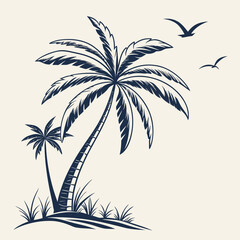 Tropical Palm Trees Silhouette. Island Beach Paradise Vintage Illustration
