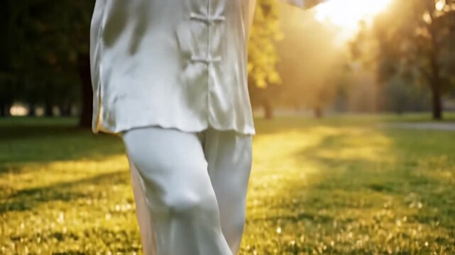 Person practicing tai chi outdoors in sunlight